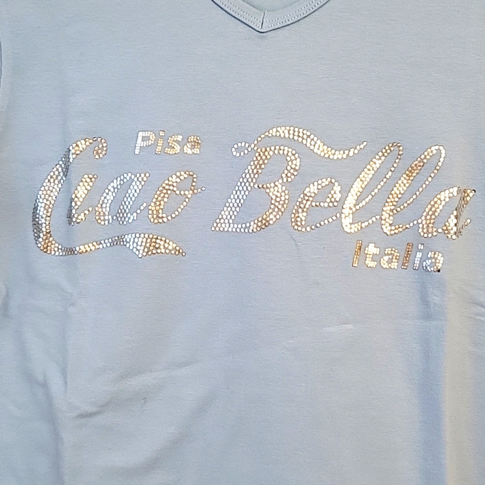 FLASH SALE! Ciao Bella Baby Blue T-shirt, Silver Sparkle Logo, M, NWOT